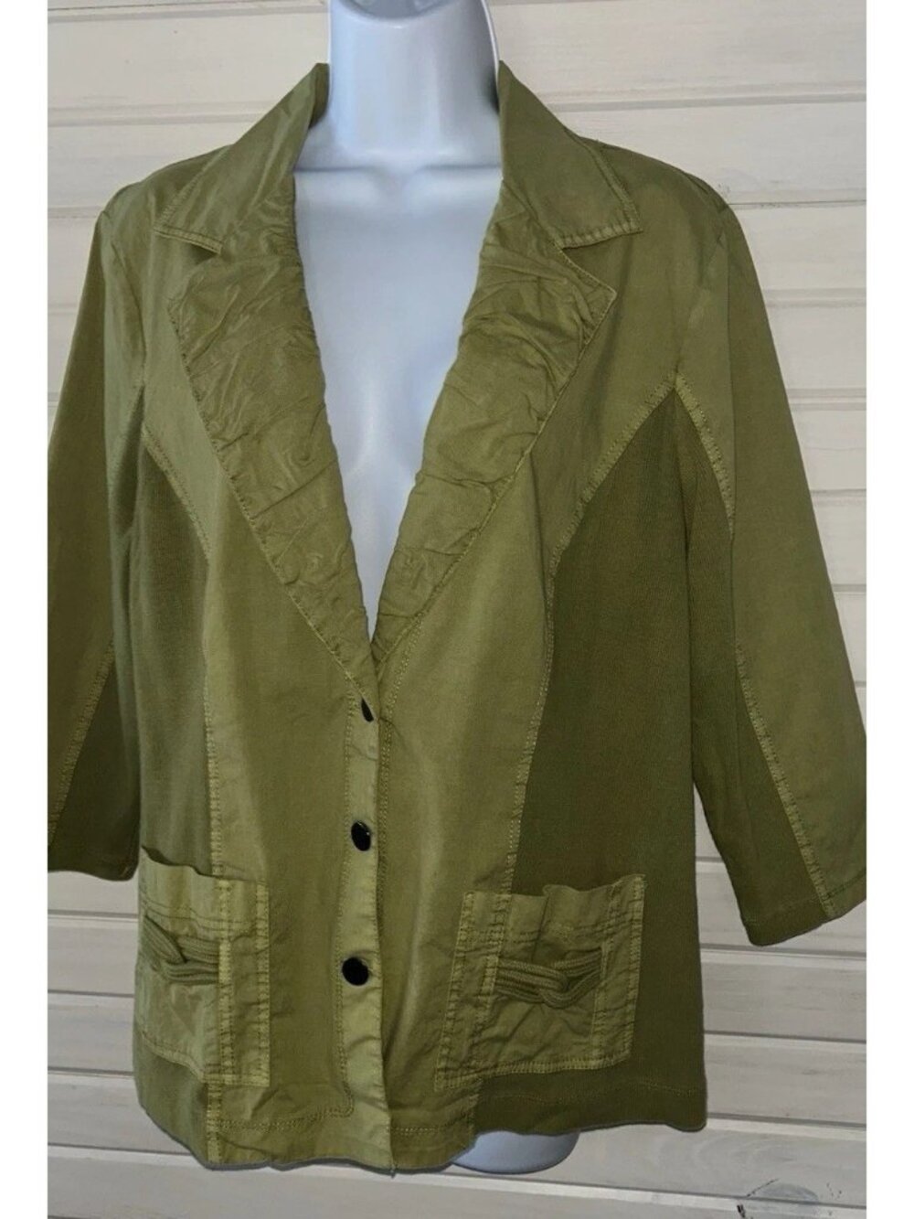 Chicos Zenergy Sz 2 (LARGE) Apple Green Mixed Media Cotton Jacket Pockets EUC